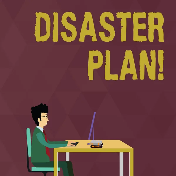 Writing note showing Disaster Plan. Business photo showcasing outlines how an organization responds to an unplanned event Businessman Sitting on Chair Working on Computer and Books.