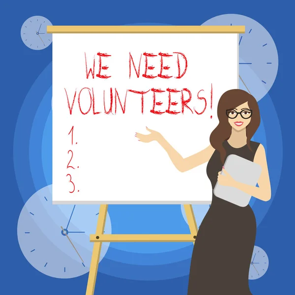 Word writing text We Need Volunteers. Business concept for someone who does work without being paid for it. — 스톡 사진