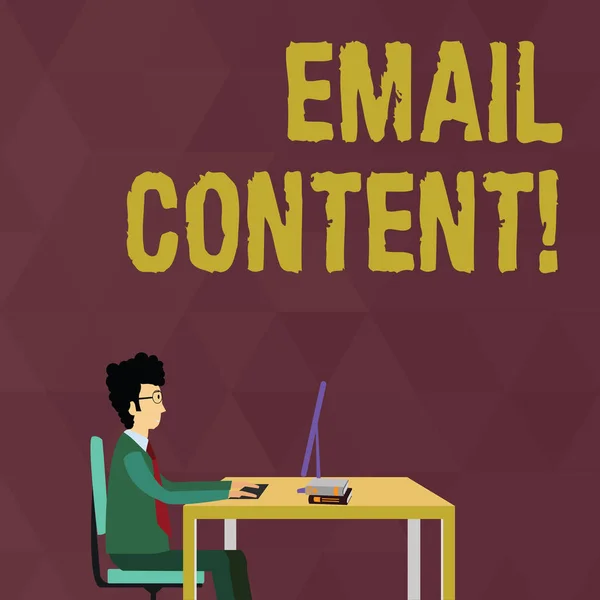 Writing note showing Email Content. Business photo showcasing It is the essence of a communicated message or discourse Businessman Sitting on Chair Working on Computer and Books. — Stock Photo, Image