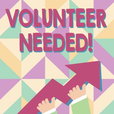 El yazısı metin Gönüllü Gerekli. El Tutan Renkli Huge 3d Ok İşaret ve Going Up fotoğraf ödenmeden organizasyon için çalışmak isteyen kavram anlamı.