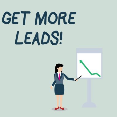 Daha Fazla Müşteri Adayı Alın'ı gösteren kavramsal el yazısı. İş fotoğraf vitrin başlangıç tüketici ilgi veya soruşturma ürünleri veya hizmetleri Woman Holding Stick Beyaz Tahta üzerinde Ok Grafik işaret.