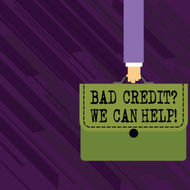 Kavramsal el yazma Kötü Kredi Soru Biz Yardımcı Olabilir gösteren. Kredi için giderek yardım sunan İş fotoğraf vitrin sonra Renkli Evrak Çantası Portföy Aplike Taşıyan İşadamı reddetti.