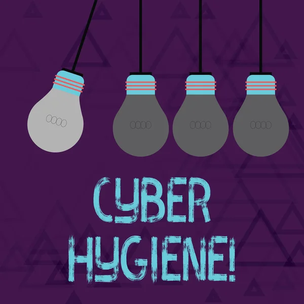 Note d'écriture montrant Cyber Hygiène. Photo d'affaires mettant en valeur les mesures que les utilisateurs d'ordinateurs prennent pour améliorer leur cybersécurité Pendentif couleur ampoule suspendue avec une ampoule d'ombre différente . — Photo