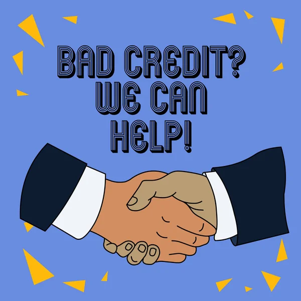 Schrijfbriefje met slechte kredietvraag die we kunnen helpen. Zakelijke foto presentatie aanbieden van hulp na te gaan voor lening dan afgewezen. — Stockfoto