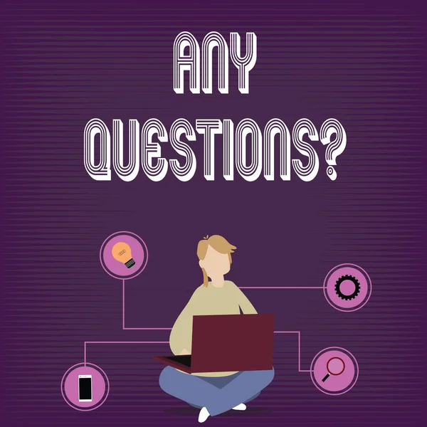 Text sign showing Any Questions Question. Conceptual photo you say write order to ask demonstrating about something Woman Sitting Crossed Legs on Floor Browsing the Laptop with Technical Icons. — Stock Photo, Image