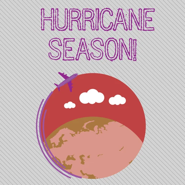 Text sign showing Hurricane Season. Conceptual photo time when most tropical cyclones are expected to develop Airplane with Moving Icon Flying Around Colorful Globe and Blank Text Space.