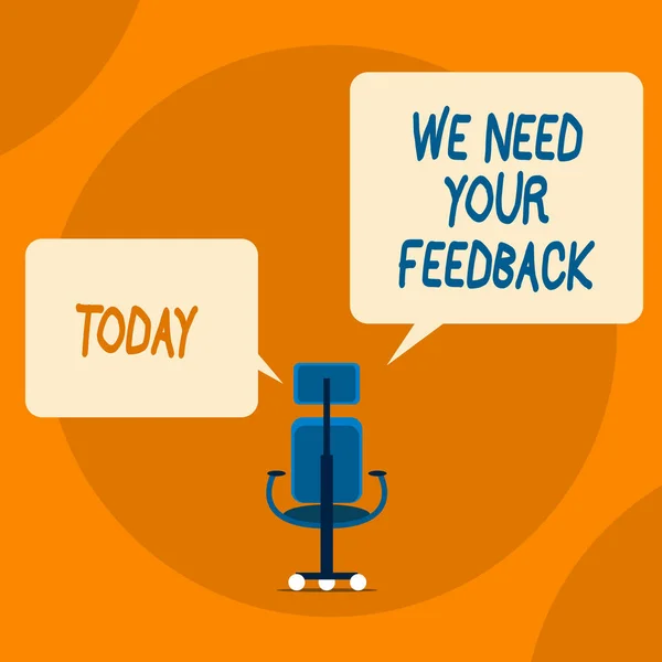 Escrevendo uma nota mostrando que precisamos de seu feedback. Foto de negócios mostrando críticas dadas a dizer que pode ser feito melhoria . — Fotografia de Stock