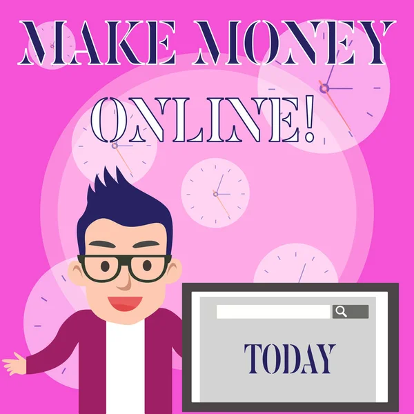 온라인 돈을 만들기 보여주는 개념적 손 쓰기. 프리랜서 나 마케팅과 같은 인터넷을 사용하여 이익을 창출하는 비즈니스 사진 텍스트. — 스톡 사진