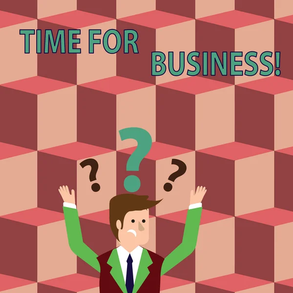 Scrivere una nota che mostra Time For Business. Le foto aziendali in mostra soddisfano le transazioni entro il periodo promesso al cliente Businessman Raising Both Arms with Question Marks Above Head . — Foto Stock