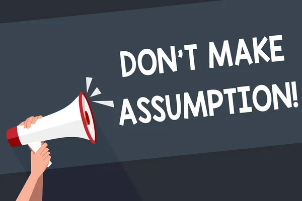 Word writing text Don T Make Assumption. Business concept for something that you assume to be case even without proof Human Hand Holding Tightly a Megaphone with Sound Icon and Blank Text Space. — 스톡 사진