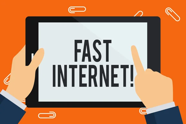 Word writing text Fast Internet. Business concept for term used for Internet service that is faster than the average Businessman Hand Holding, Pointing and Touching Colorful Tablet Blank Screen. — 스톡 사진