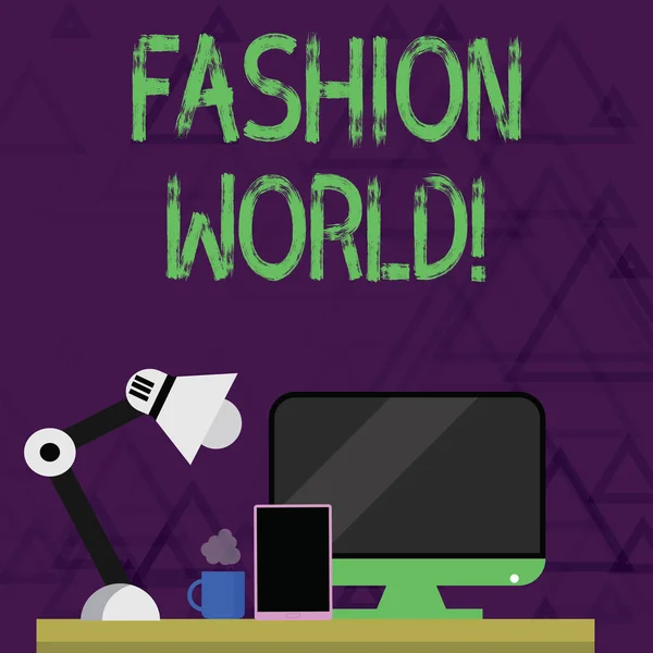 Writing note showing Fashion World. Business photo showcasing world that involves styles of clothing and appearance Arrangement for Nightshift Worker Computer, Tablet and Lamp. — Stock Photo, Image