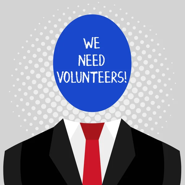 Word writing text We Need Volunteers. Business concept for someone who does work without being paid for it. — 스톡 사진
