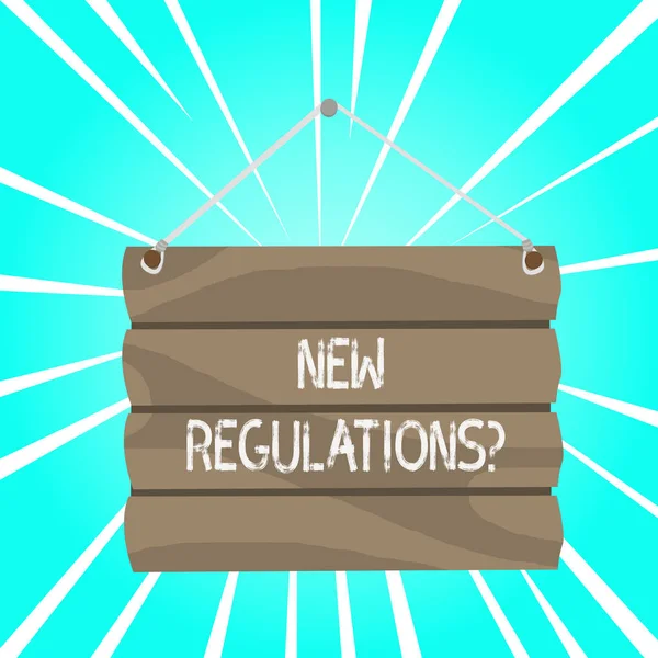 Nota escrita que muestra la pregunta de las nuevas regulaciones. Foto de negocios mostrando reglas hechas gobierno orden control manera algo se hace . —  Fotos de Stock