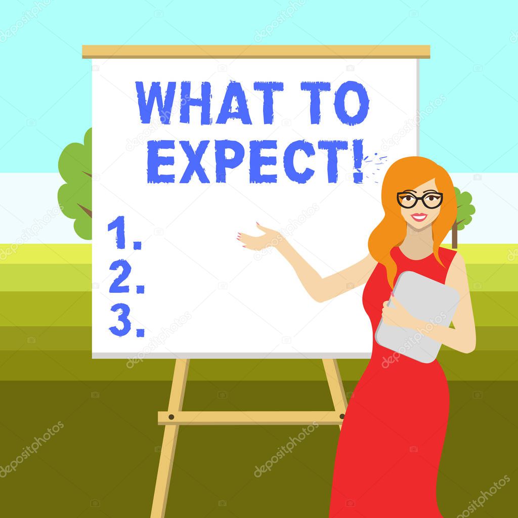 Conceptual hand writing showing What To Expect. Business photo text asking about regard something as likely to happen occur.