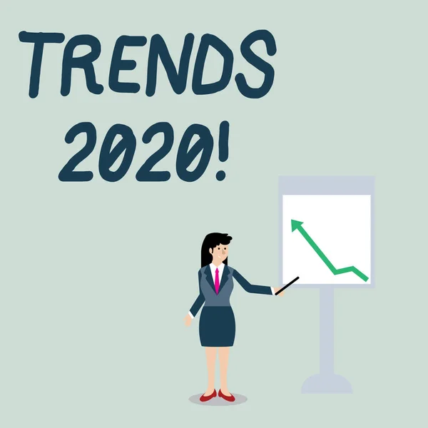 Konzeptionelle Handschrift, die Trends 2020 zeigt. Business-Foto, das die allgemeine Richtung zeigt, in die sich etwas entwickelt oder verändert Frau hält Stock zeigt auf Pfeildiagramm auf Whiteboard. — Stockfoto