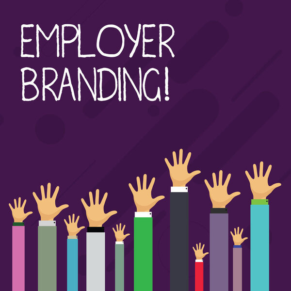 Текст письма "Брендинг работодателя". Бизнес-концепция продвижения выбора работодателя компании в желаемую целевую группу "Руки нескольких предпринимателей, поднимающихся над головой, пальмовый фронт"
.