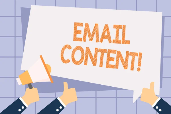 Writing note showing Email Content. Business photo showcasing It is the essence of a communicated message or discourse Hand Holding Megaphone and Gesturing Thumbs Up Text Balloon.