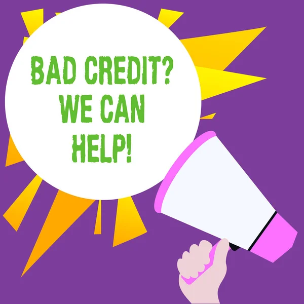 Escribir una nota mostrando una mala pregunta de crédito que podemos ayudar. Foto de negocios mostrando la oferta de ayuda después de ir a préstamo y luego rechazado . —  Fotos de Stock