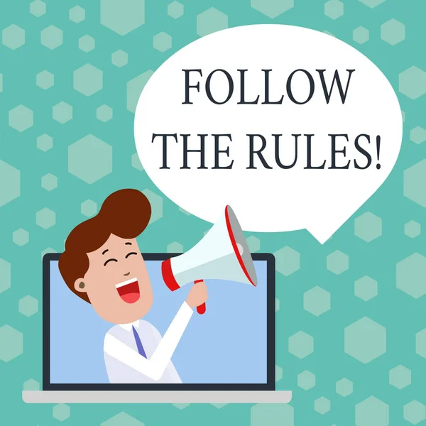 Πινακίδα κειμένου που εμφανίζεται ακολουθήστε τους κανόνες. Εννοιολογική φωτογραφία πάει με τους κανονισμούς που διέπουν τη συμπεριφορά ή τη διαδικασία. — Φωτογραφία Αρχείου