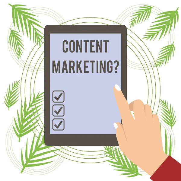 Text sign showing Content Marketing Question. Conceptual photo involves creation and sharing of online material. — Stock Photo, Image