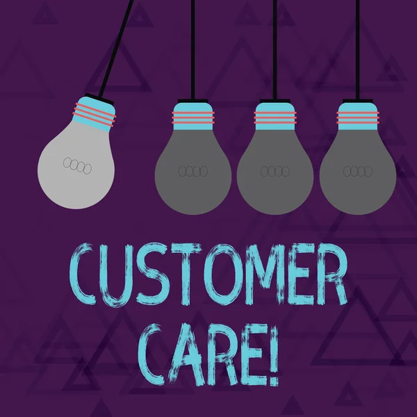 Writing note showing Customer Care. Business photo showcasing process of looking after customers to ensure their pleasure Color Pendant Bulb Hanging with One Different Shade Lightbulb.