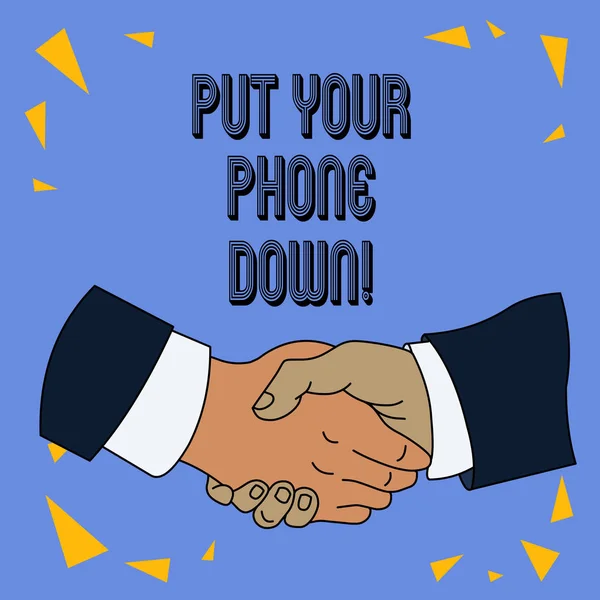 Note d'écriture montrant Posez votre téléphone vers le bas. Photo d'affaires montrant la connexion téléphonique de bout en bout disant au revoir à l'appelant . — Photo
