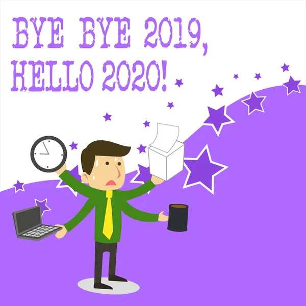 Signo de texto que muestra Bye Bye 2019 Hello 2020. Foto conceptual diciendo adiós al año pasado y dando la bienvenida a otro bueno . —  Fotos de Stock