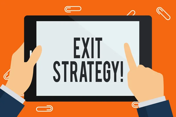 Word writing text Exit Strategy. Business concept for Extricating oneself from a situation that is become difficult Businessman Hand Holding, Pointing and Touching Colorful Tablet Blank Screen.