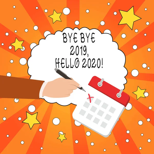 Nota de escritura que muestra Bye Bye 2019 Hola 2020. Foto de negocios que muestra despedida el año pasado y da la bienvenida a otra buena . —  Fotos de Stock