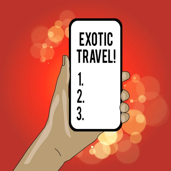 Schrijfbriefje met Exotic Travel erop. Zakelijke foto presentatie Reizen naar ongewone plaatsen of onbekende bestemming. — Stockfoto