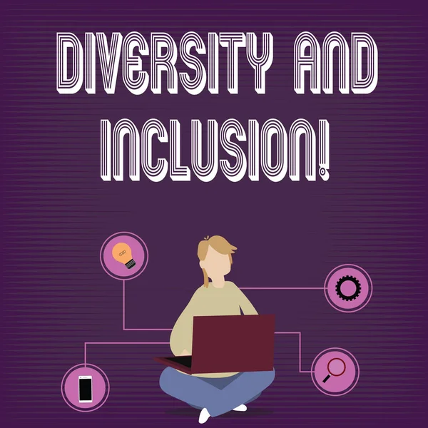 Text sign showing Diversity And Inclusion. Conceptual photo range huanalysis difference includes race ethnicity gender Woman Sitting Crossed Legs on Floor Browsing the Laptop with Technical Icons.