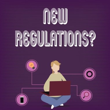 Yeni Düzenlemeler Sorusunu gösteren metin işareti. Kavramsal fotoğraf kuralları hükümet düzeni kontrol yolu bir şey yapılır Kadın Oturma Crossed Bacaklar Katta Teknik Simgeler ile Laptop Tarama yaptı.