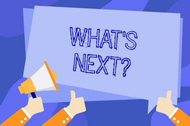 Sıradaki soruyu gösteren bir not yazıyorum. İş fotoğraflarının sergilenmesi yaklaşan davranışlarını ya da davranışlarını gösteriyor. El ele tutuşan megafon ve hareket eden başparmak yukarı yazı balonu..