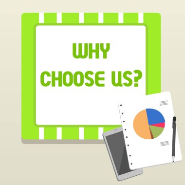 Kelime yazma metni Neden bizi seç sorusu. Ürün hizmetini seçmenin avantajları ve dezavantajları listesi için iş konsepti.