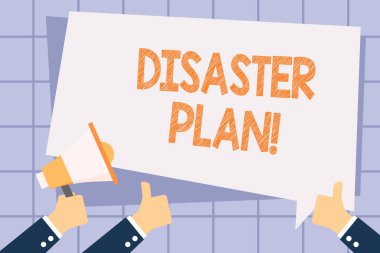 Felaket Planı 'nı gösteren not yazıyorum. İş fotoğrafı gösterimi bir organizasyonun planlanmamış bir olaya nasıl tepki vereceğini özetliyor El Tutma Megafonu ve Baş Parmakla Metin Balonu.