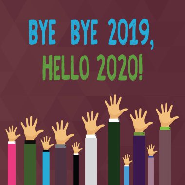 El yazısı metin bye Bye 2019 Merhaba 2020 yazma. Kavram geçen yıl veda ve başka bir iyi bir Hands of Birkaç İşadamları Baş, Palm Facing Front Raising karşılama anlamına gelir.
