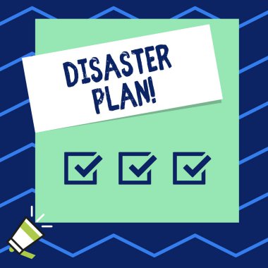 Felaket Planı 'nı gösteren not yazıyorum. Bir organizasyonun planlanmamış bir olaya nasıl tepki vereceğini gösteren iş fotoğrafı sergisi.