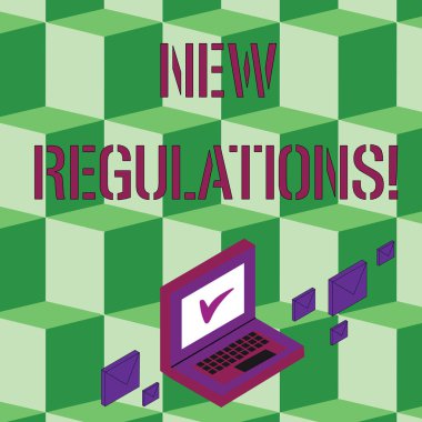 Yeni Düzenlemeleri gösteren metin işareti. Kavramsal fotoğraf kuralları hükümet sipariş kontrolü bir şey Monitör Ekranında Onay İşareti simgesi ile Laptop etrafında Renkli Posta Zarflar yapılan yaptı.