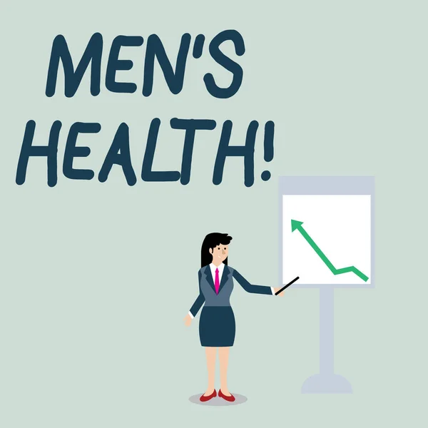 Conceptual hand writing showing Men S Health. Business photo showcasing state of complete physical mental and social well being by analysis Woman Holding Stick Pointing to Chart of Arrow on Whiteboard — ストック写真