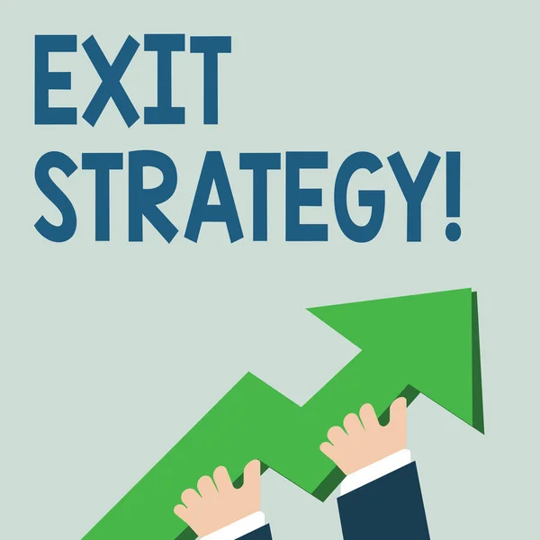 Word writing text Exit Strategy. Business concept for Extricating oneself from a situation that is become difficult photo of Hand Holding Colorful Huge 3D Arrow Pointing and Going Up.