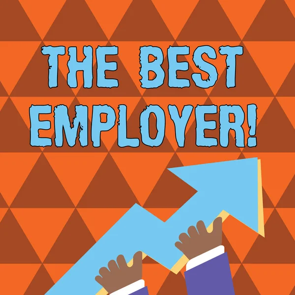 Conceptual hand writing showing The Best Employer. Business photo showcasing created workplace showing feel heard and empowered Hand Holding Colorful Huge 3D Arrow Pointing and Going Up. — 스톡 사진