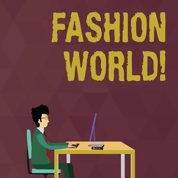 Writing note showing Fashion World. Business photo showcasing world that involves styles of clothing and appearance Businessman Sitting on Chair Working on Computer and Books. — ストック写真