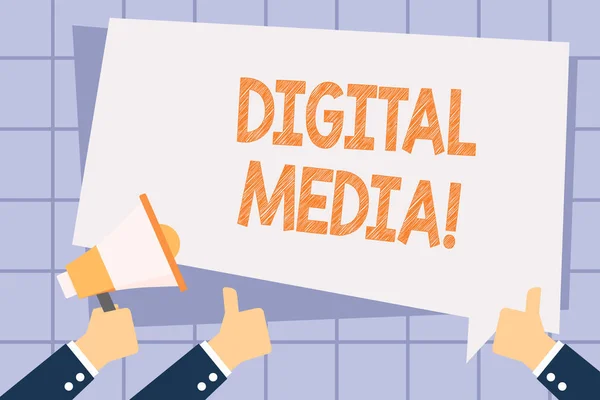 Writing note showing Digital Media. Business photo showcasing digitized content that can be transmitted over the internet Hand Holding Megaphone and Gesturing Thumbs Up Text Balloon. — 스톡 사진