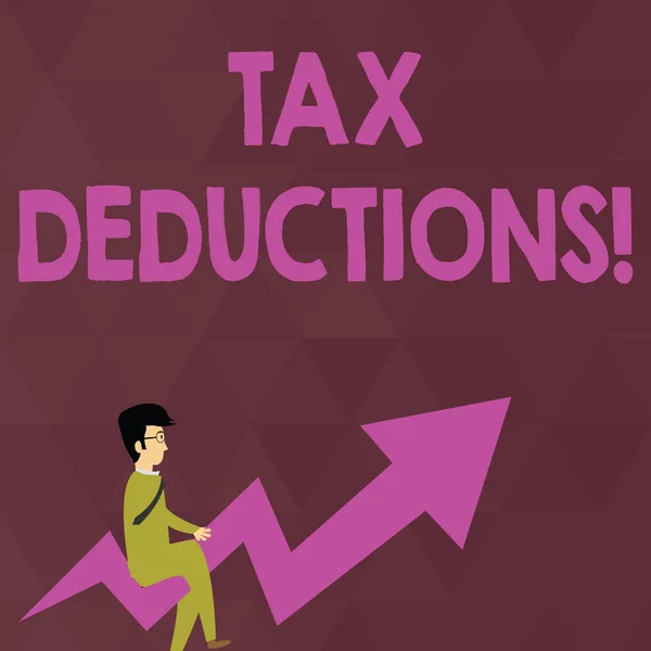 Skriftlig anteckning om skattelättnader. Affärsfoto visar upp minskade intäkter som kan beskattas för kostnader Affärsman med glasögon Riding Crooked Arrow Peka upp. — Stockfoto