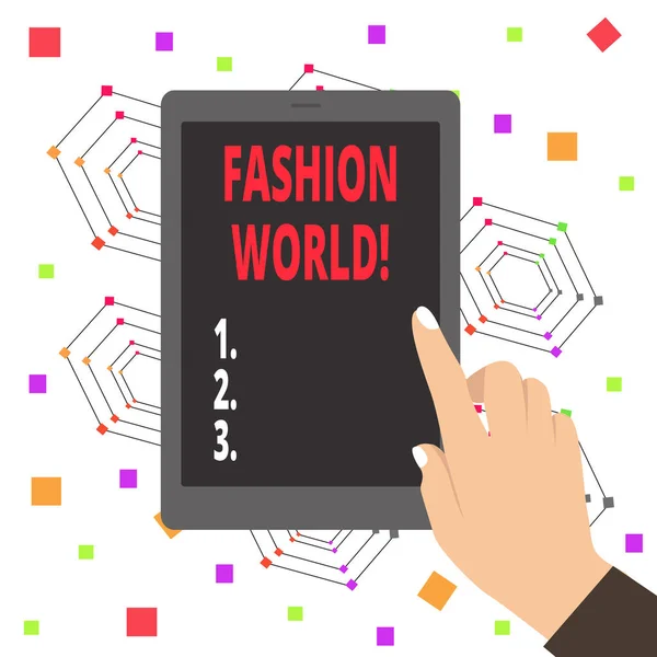 Texto de escritura de palabras Fashion World. Concepto de negocio para el mundo que implica estilos de ropa y apariencia . — Foto de Stock