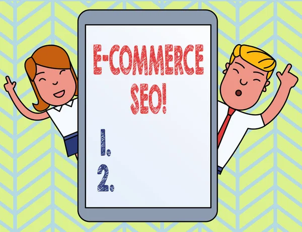 Texto de escritura de palabras E Commerce Seo. Concepto de negocio para hacer tu tienda online más visible en el buscador . — Foto de Stock