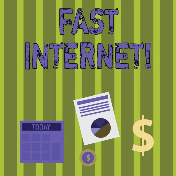 Writing note showing Fast Internet. Business photo showcasing term used for Internet service that is faster than the average Dollar Investment in Gold and Presenting Data thru Pie Chart. — 스톡 사진