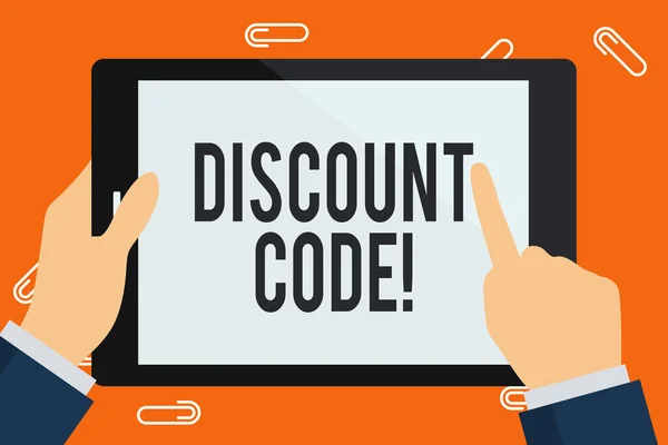 Word writing text Discount Code. Business concept for Series of letters or numbers that allow you to get a discount Businessman Hand Holding, Pointing and Touching Colorful Tablet Blank Screen.