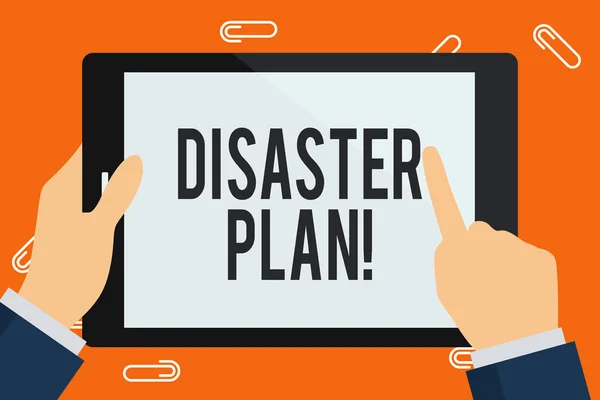 Word writing text Disaster Plan. Business concept for outlines how an organization responds to an unplanned event Businessman Hand Holding, Pointing and Touching Colorful Tablet Blank Screen.